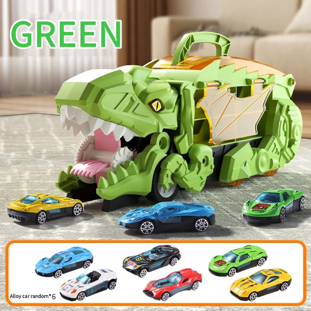 Dinosaur car transporter playset with T-Rex design, featuring ejection ramp and colorful die-cast cars.