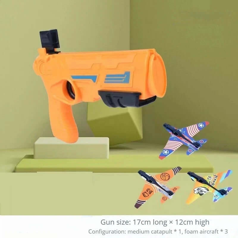 Bright orange airplane launcher toy with foam glider planes, promotes outdoor play and hand-eye coordination for kids.