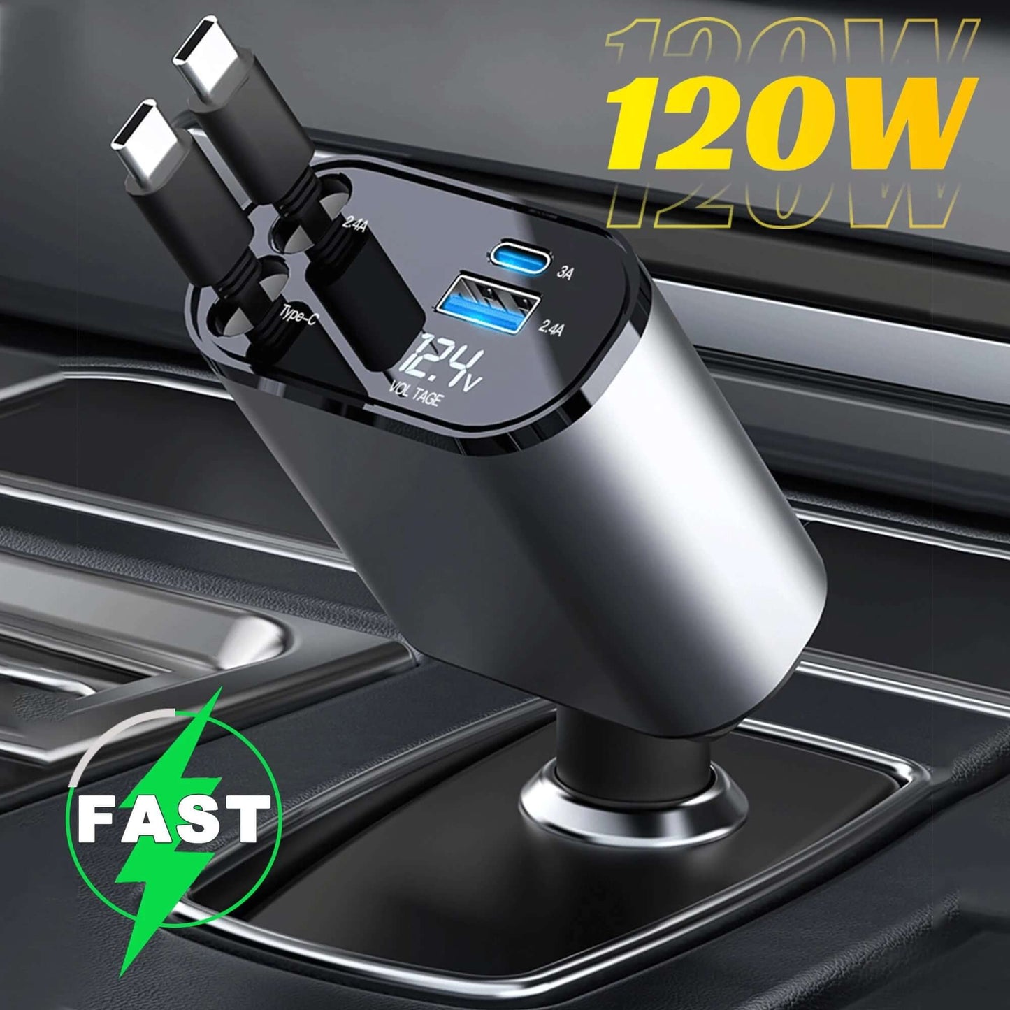 4-in-1 retractable car charger with 120W output, USB ports and sleek design for fast charging on the go.
