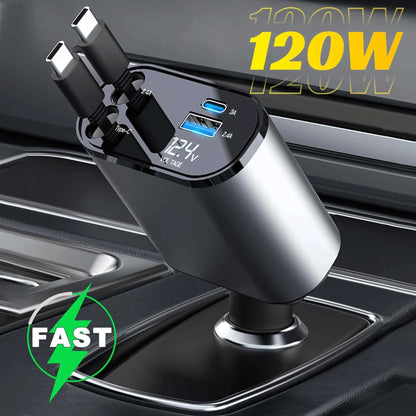 4-in-1 retractable car charger with 120W output, USB ports and sleek design for fast charging on the go.