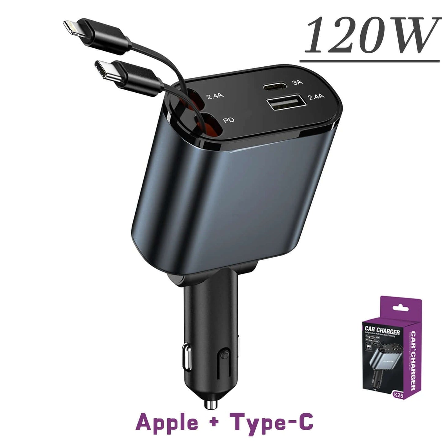 4-in-1 retractable car charger with 120W output, featuring Apple and Type-C cables for fast mobile charging.