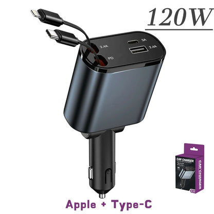 4-in-1 retractable car charger with 120W output, featuring Apple and Type-C cables for fast mobile charging.