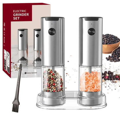 Electric salt and pepper grinder set, battery-powered with adjustable settings, stylish stainless steel design.