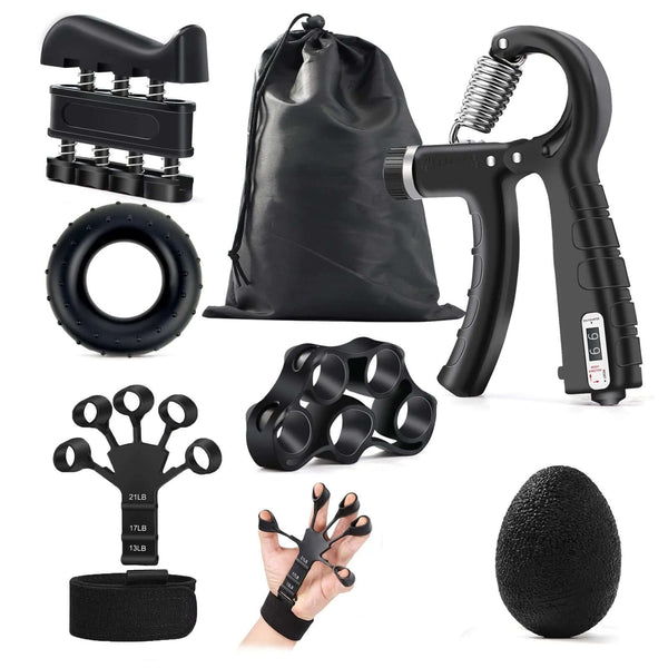 Adjustable grip strength trainer set with resistance tools for full hand and forearm workout, portable and ergonomic design.