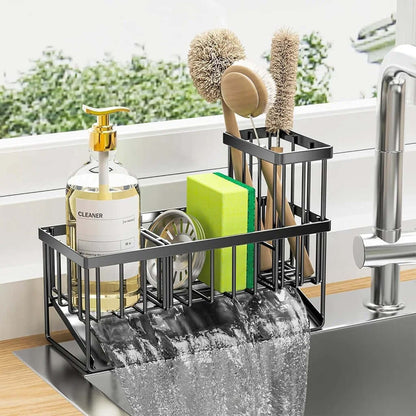 Adjustable sink storage and drainage rack with soap, sponge, and brushes, designed for easy kitchen organization.