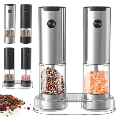 Stylish electric salt and pepper grinder set for adjustable seasoning, compact design, and battery-powered convenience.