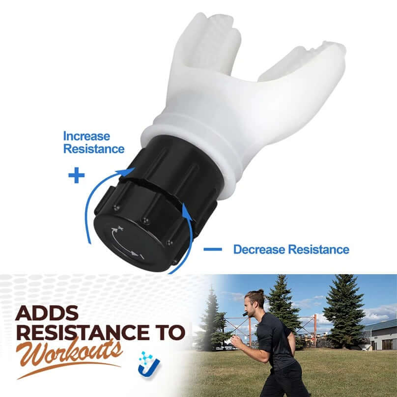 Adjustable resistance lung trainer mouthpiece with rotary valve for intense breathing exercises.