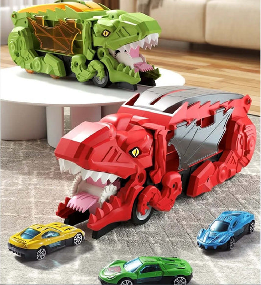 Dinosaur Devouring Car Transporter with T-Rex design, featuring colorful cars for thrilling play and storage.