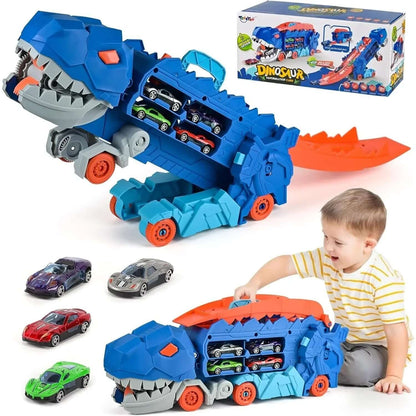 Dinosaur transport truck toy with foldable race track, featuring kids playing with mini cars.