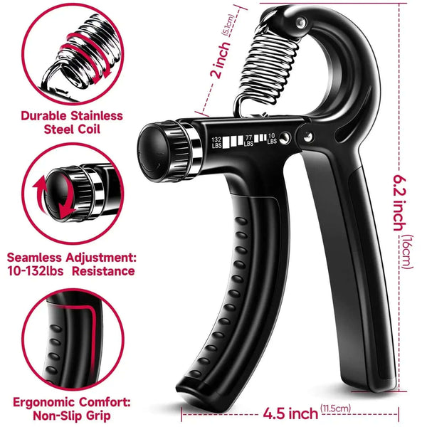 Adjustable grip strength trainer showing durable stainless steel coil and ergonomic non-slip grip with resistance adjustment features.