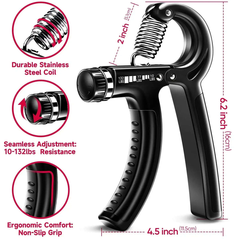 Adjustable grip strength trainer showing durable stainless steel coil and ergonomic non-slip grip with resistance adjustment features.