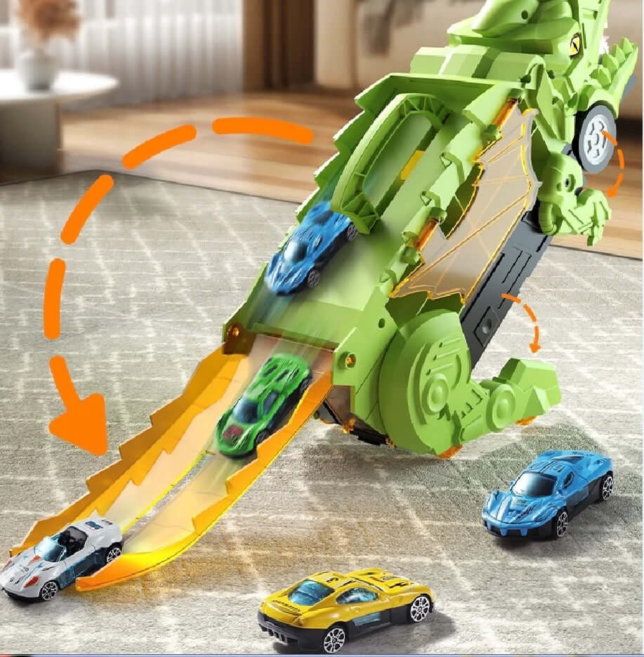 Dinosaur toy with cars sliding down the ramp, featuring a T-Rex design for exciting playtime action.