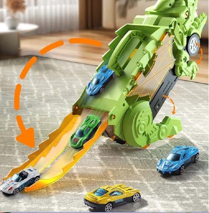 Dinosaur toy with cars sliding down the ramp, featuring a T-Rex design for exciting playtime action.