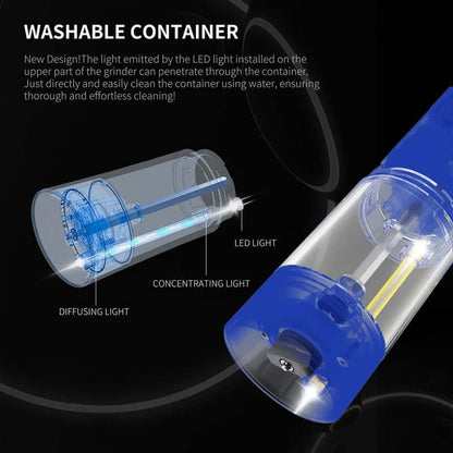 Washable container for electric salt & pepper grinder with LED light for easy cleaning.