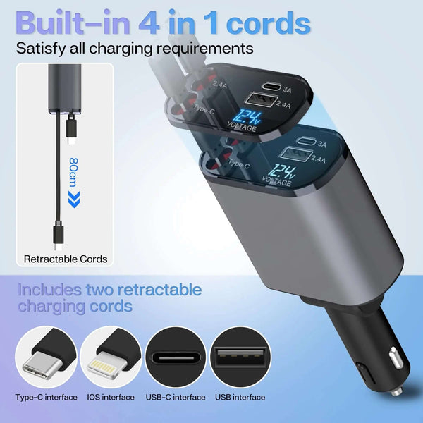 4-in-1 car charger with built-in retractable cables, supporting Type-C, iOS, and USB interfaces for all charging needs.