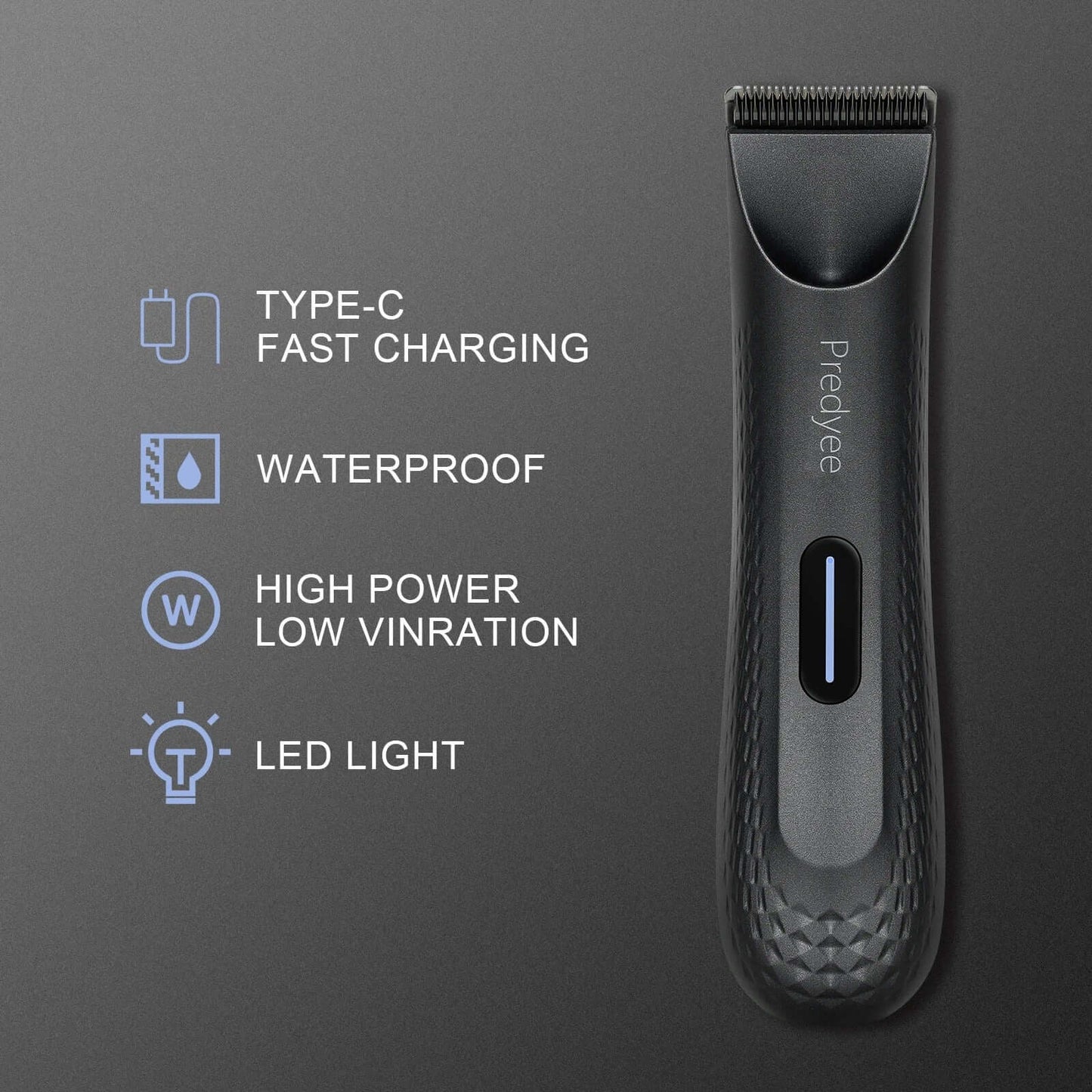 Electric groin hair trimmer features Type-C fast charging, waterproof design, high power, low vibration, and LED light.