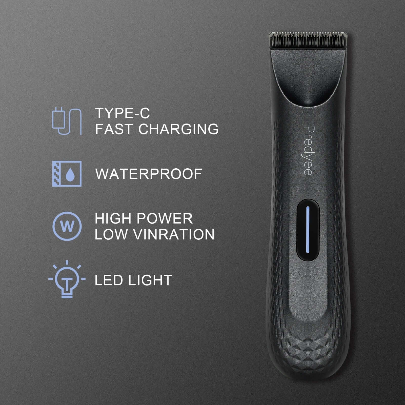 Electric groin hair trimmer features Type-C fast charging, waterproof design, high power, low vibration, and LED light.