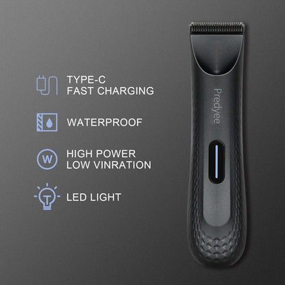 Electric groin hair trimmer features Type-C fast charging, waterproof design, high power, low vibration, and LED light.