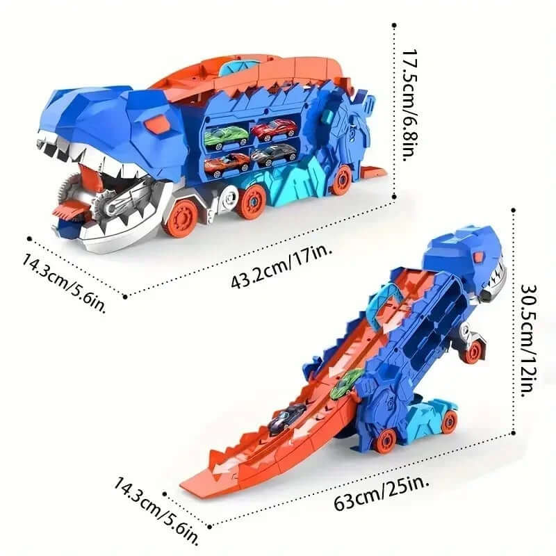 Colorful dinosaur transport truck with cars inside, measuring 43.2cm long and 17.5cm high, featuring a foldable race track.