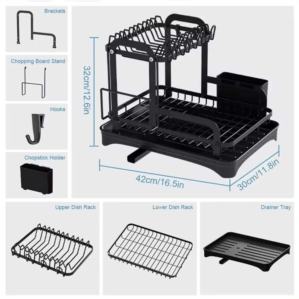 2-tier dish drying rack with drainboard featuring brackets, hooks, and chopstick holder for kitchen storage.