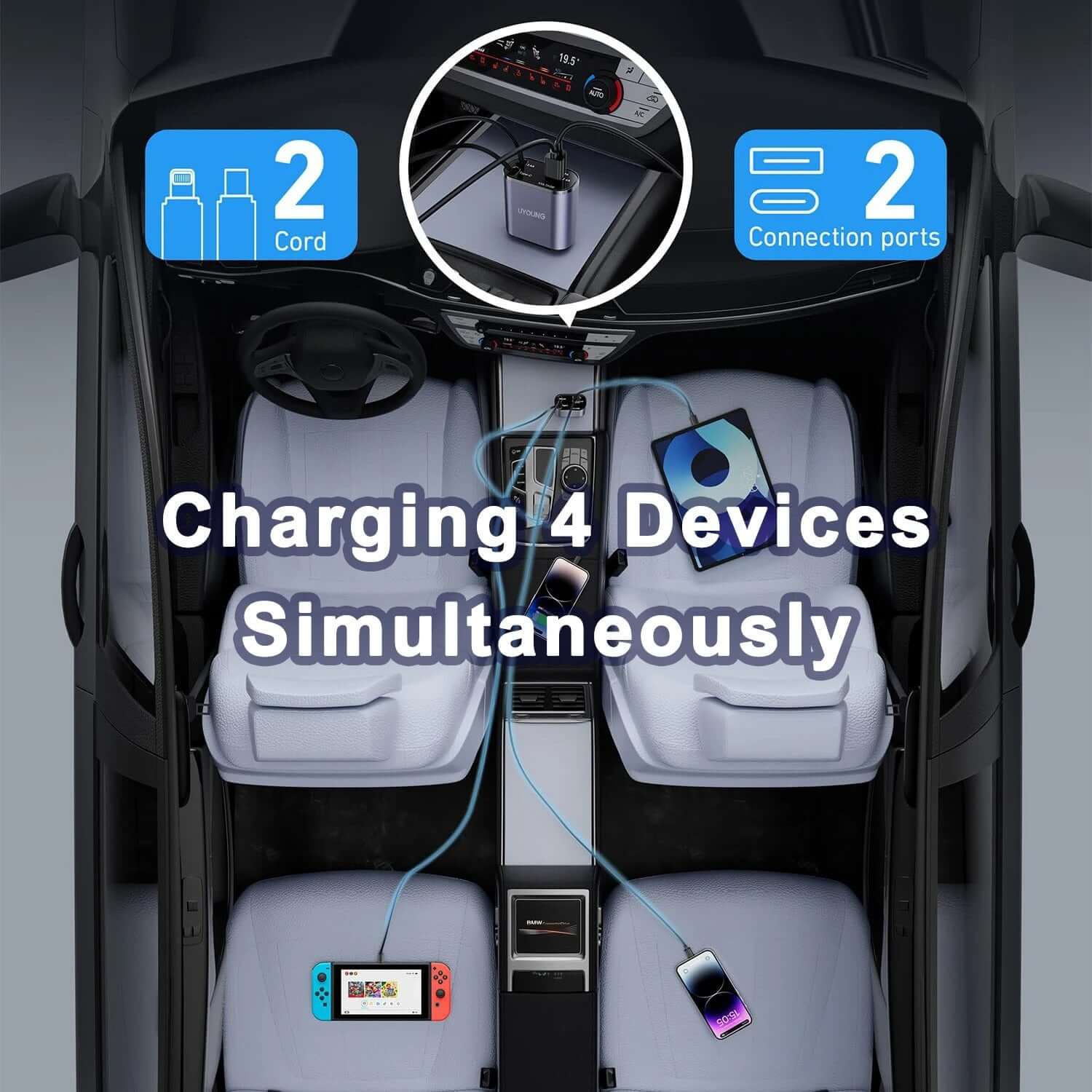 Interior view of car showing 4 devices charging simultaneously with 2 connection ports and retractable charger.