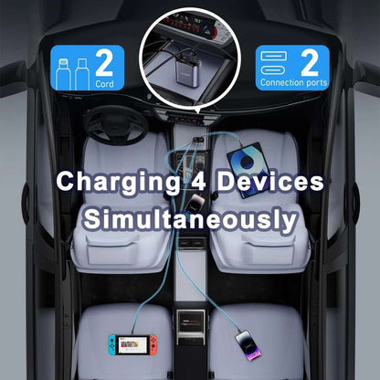 Interior view of car showing 4 devices charging simultaneously with 2 connection ports and retractable charger.