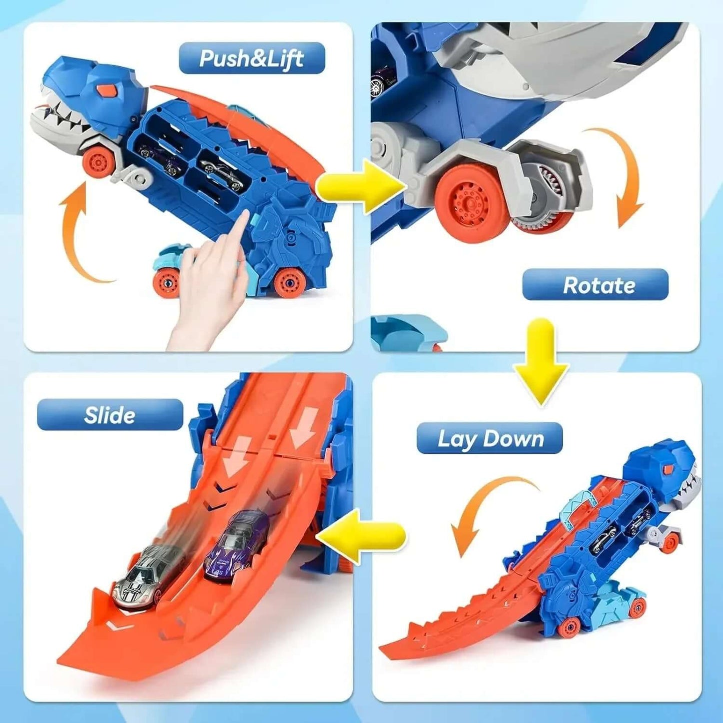 Dinosaur transport truck showing steps: push, lift, rotate, slide, and lay down ramp for racing mini cars.