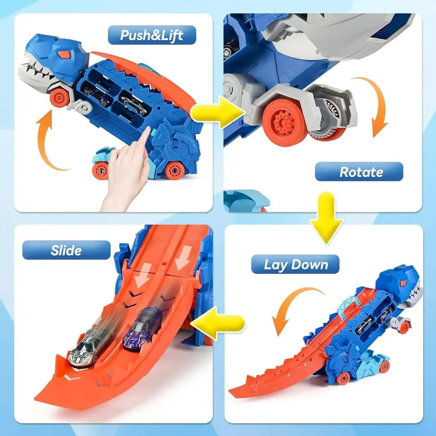 Dinosaur transport truck showing steps: push, lift, rotate, slide, and lay down ramp for racing mini cars.