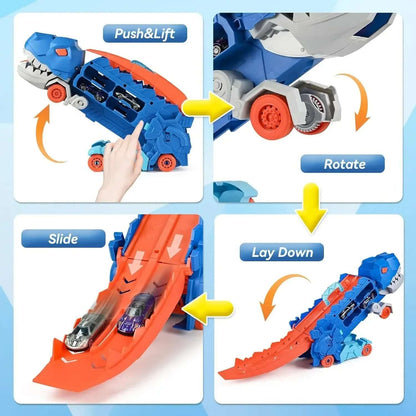 Dinosaur transport truck showing steps: push, lift, rotate, slide, and lay down ramp for racing mini cars.