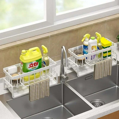Adjustable sink storage and drainage rack holding cleaning supplies, maximizing kitchen organization with easy access and drainage.