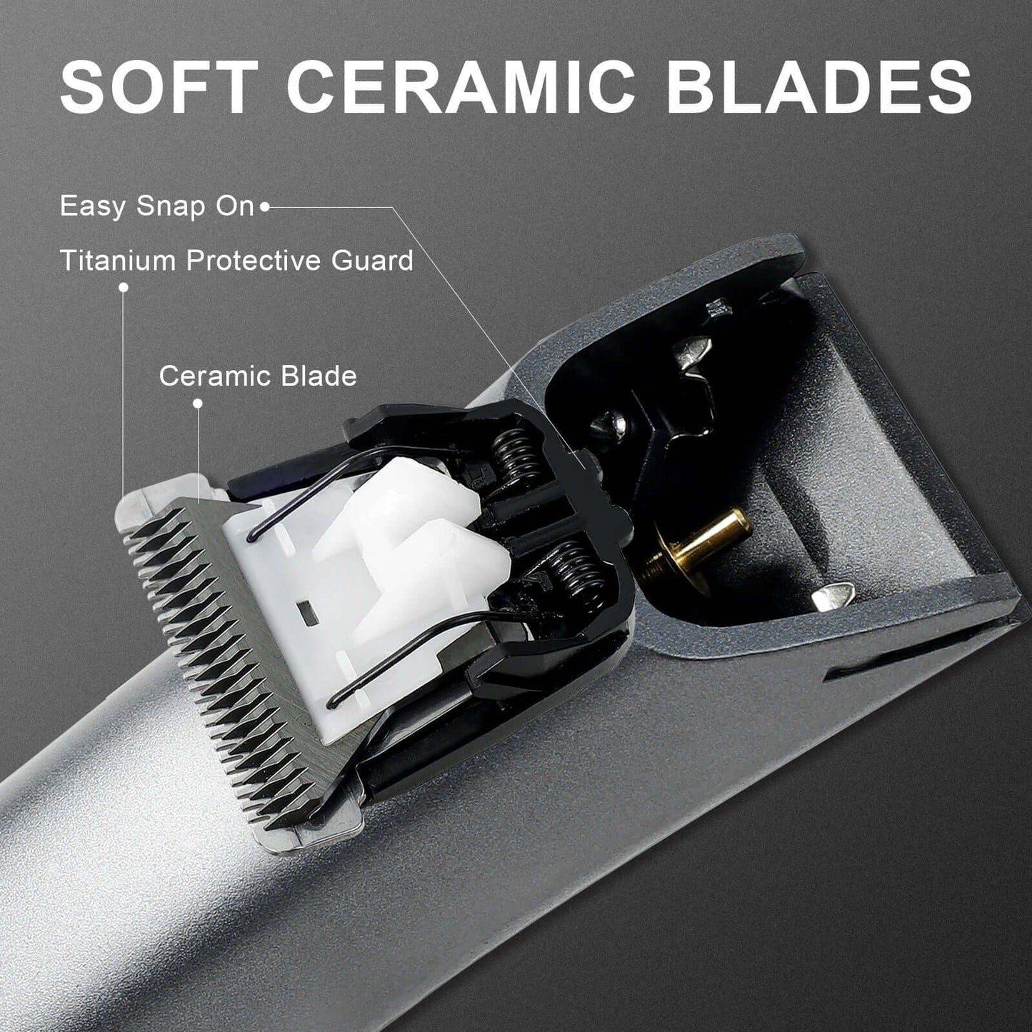 Close-up of soft ceramic blades in electric groin hair trimmer, showcasing easy snap-on and titanium protective guard.