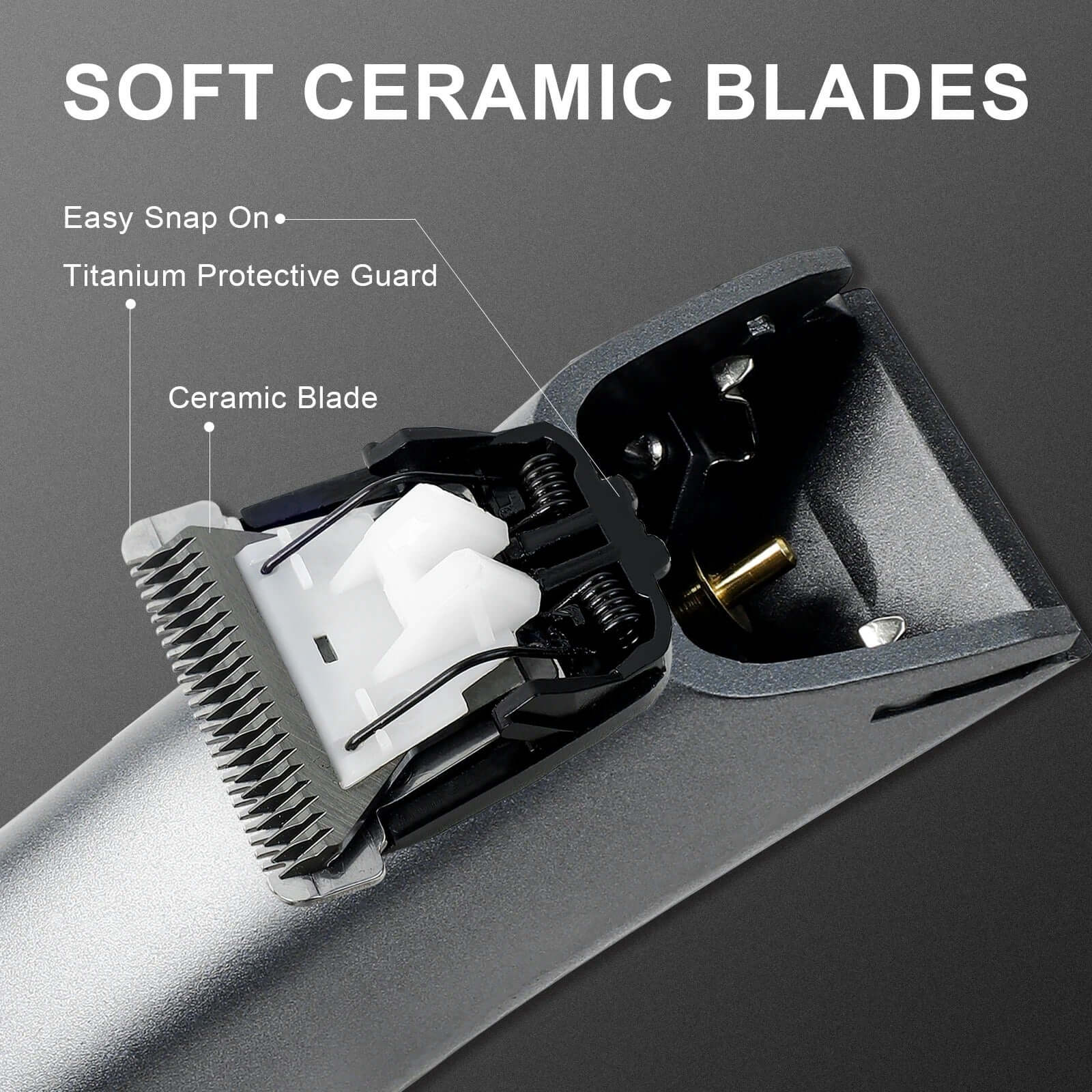 Close-up of soft ceramic blades in electric groin hair trimmer, showcasing easy snap-on and titanium protective guard.