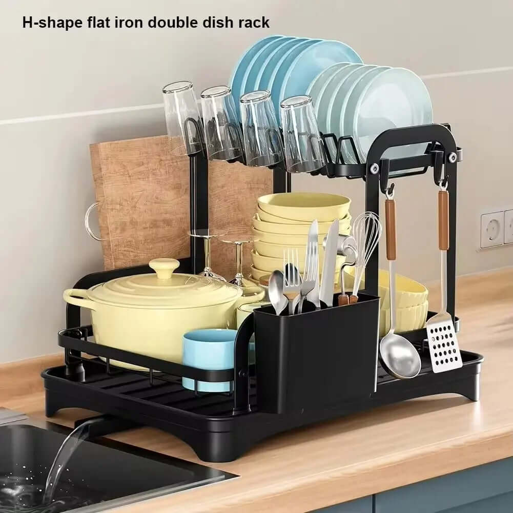 H-shape flat iron double dish rack with plates, glasses, and utensils for efficient kitchen organization and drying.