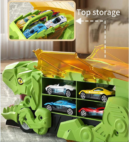 Dinosaur car transporter showcasing top storage compartment with colorful toy cars inside.