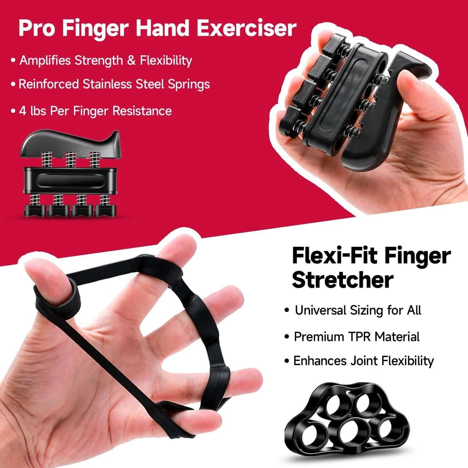 Pro Finger Hand Exerciser and Flexi-Fit Finger Stretcher for strength, flexibility, and joint enhancement.