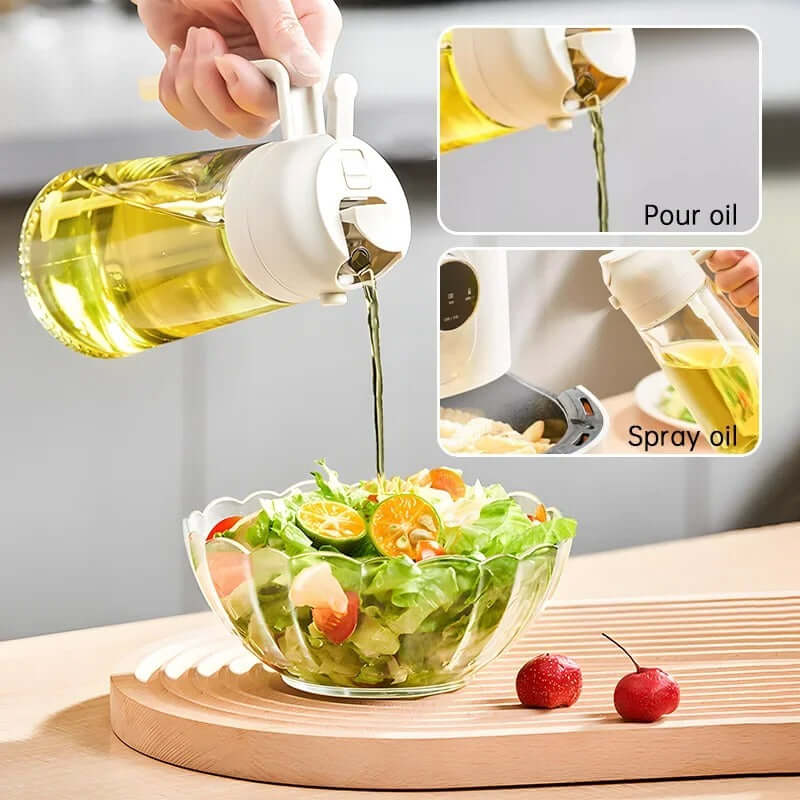 2-in-1 glass oil dispenser and sprayer pouring oil into a salad bowl, featuring precise drizzle and fine mist options.