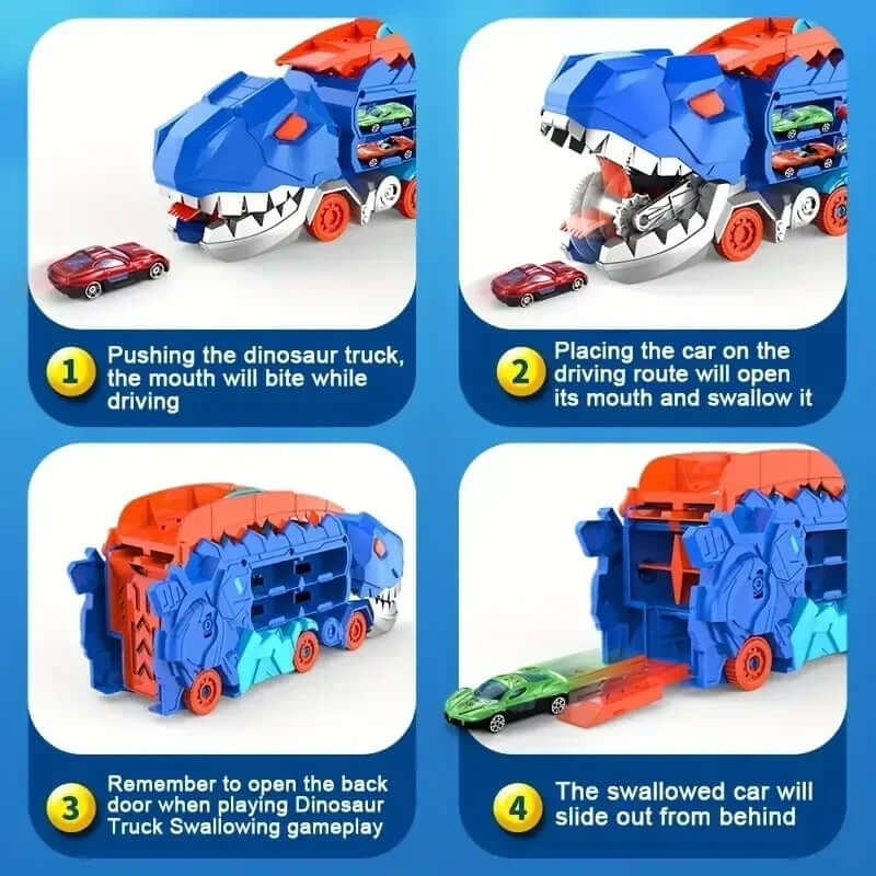 Instructions for using the Dinosaur Transport Truck with foldable race track, showcasing its functions and features.