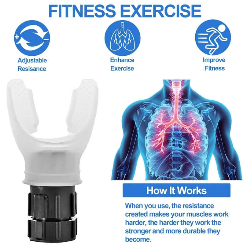 Adjustable Resistance Lung Trainer showcasing fitness exercise benefits and respiratory muscle improvement.