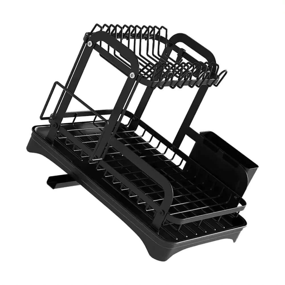 2-tier black dish drying rack with drainboard for efficient kitchen space saving and water drainage.