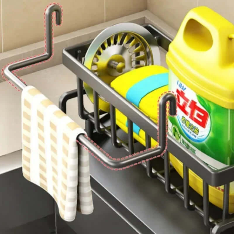 Adjustable sink storage and drainage rack with cleaning supplies and towel hanging, maximizing organized kitchen space.