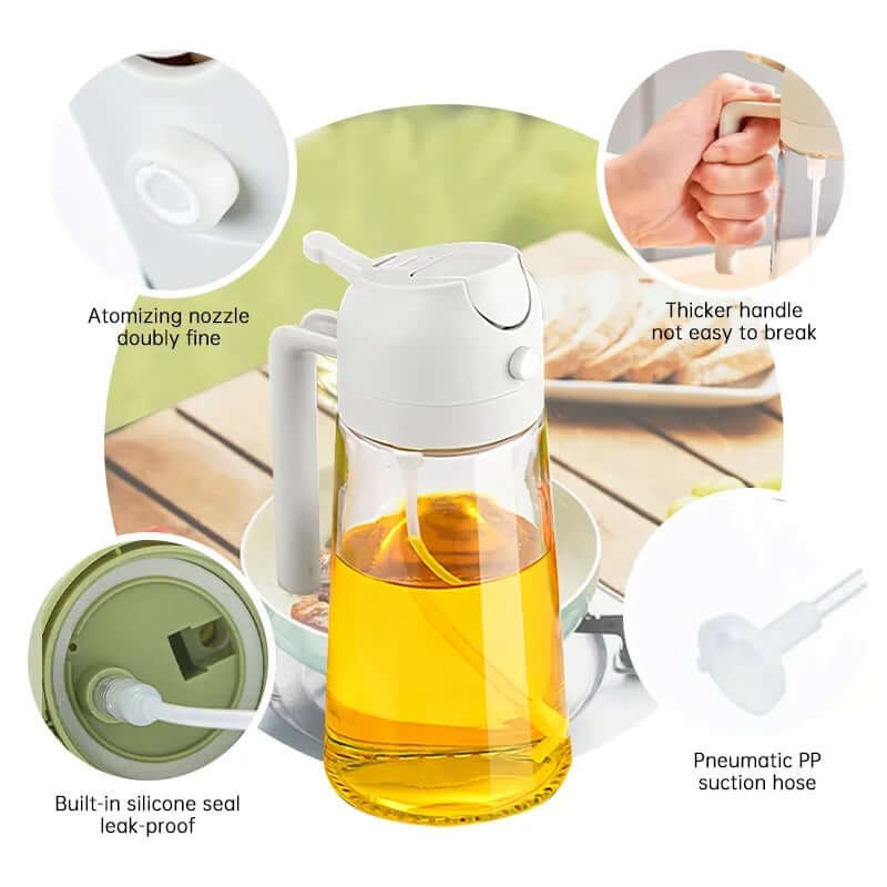 2-in-1 glass oil dispenser and sprayer with ergonomic handle, atomizing nozzle, and leak-proof design.