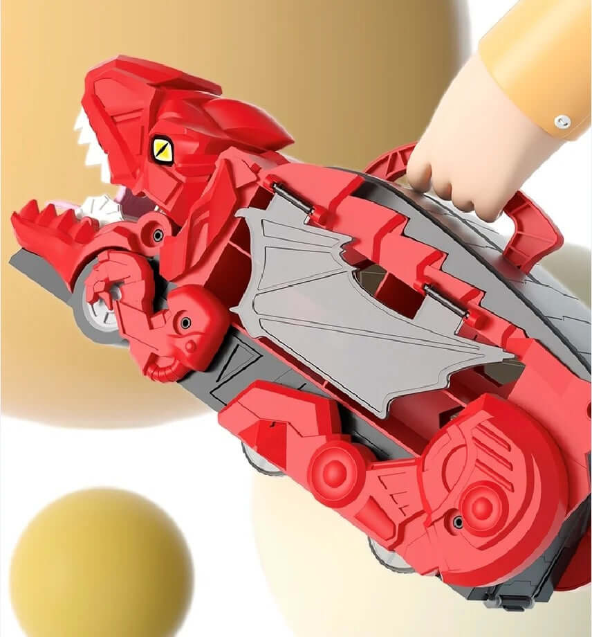 Dinosaur Devouring Car Transporter featuring a T-Rex design with vibrant details and an ejector ramp for endless play.