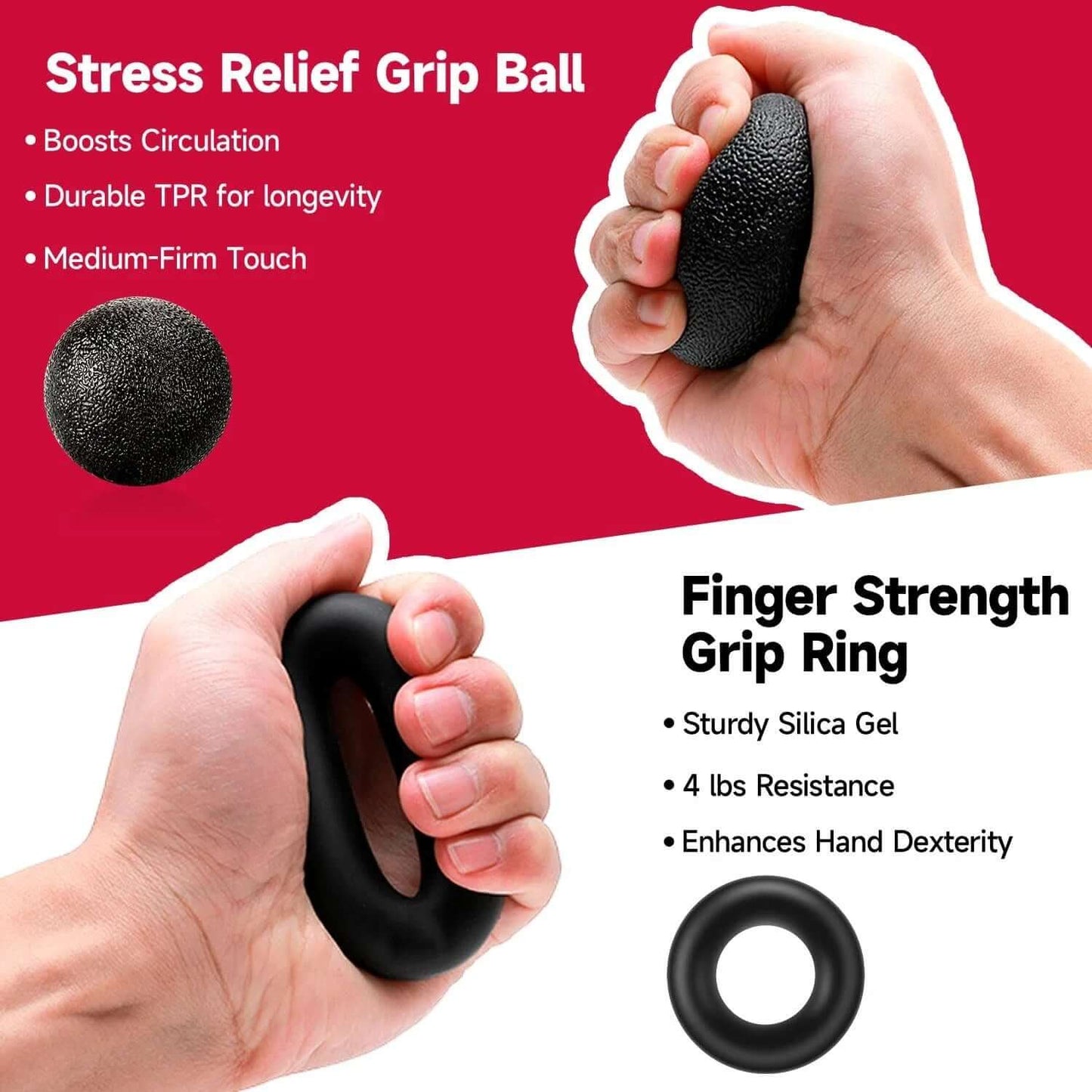Image showing a stress relief grip ball and finger strength grip ring, promoting hand dexterity and circulation enhancement.