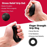 Image showing a stress relief grip ball and finger strength grip ring, promoting hand dexterity and circulation enhancement.