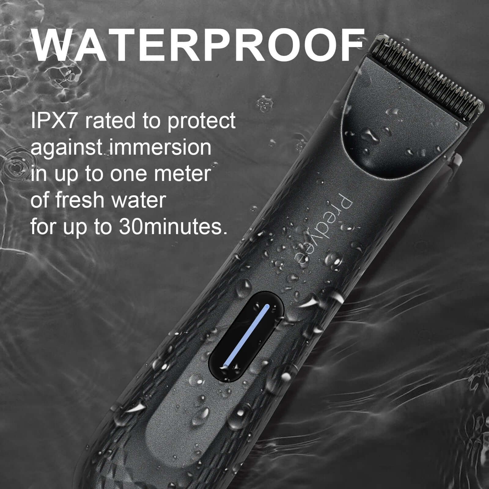 Waterproof electric groin hair trimmer with IPX7 rating for 30 minutes immersion in fresh water.