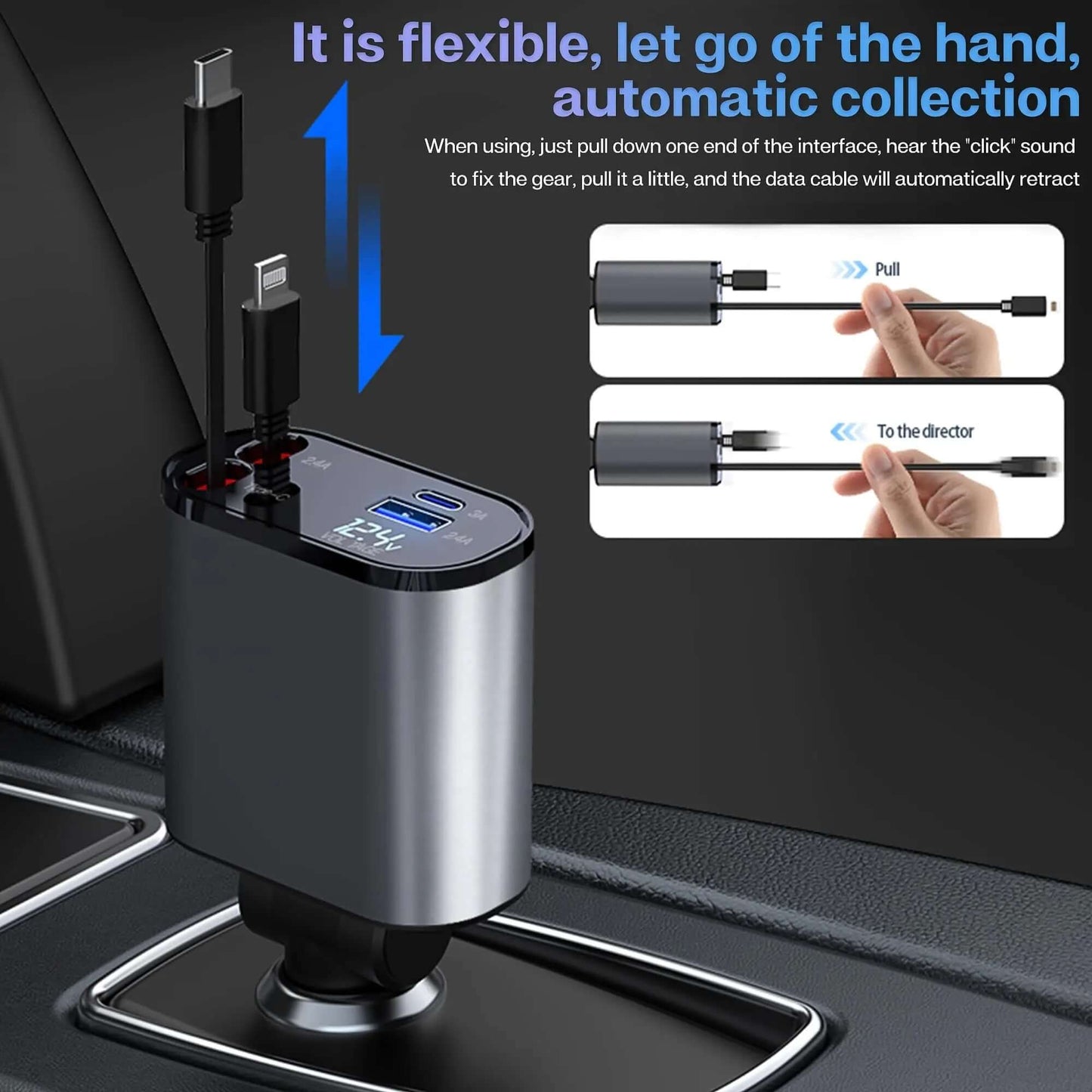 4-in-1 retractable car charger with USB ports, showcasing flexible design and automatic cable retraction for easy use.