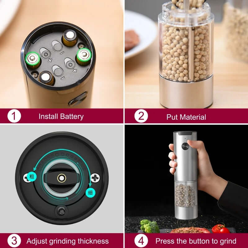 Step-by-step guide for using the electric salt and pepper grinder: battery installation, material loading, thickness adjustment, pressing to grind.