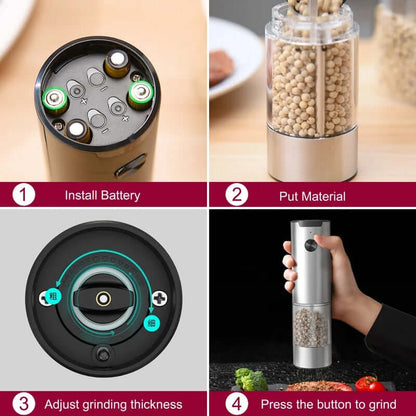 Step-by-step guide for using the electric salt and pepper grinder: battery installation, material loading, thickness adjustment, pressing to grind.