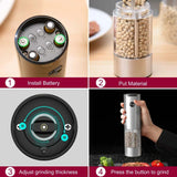 Step-by-step guide for using the electric salt and pepper grinder: battery installation, material loading, thickness adjustment, pressing to grind.