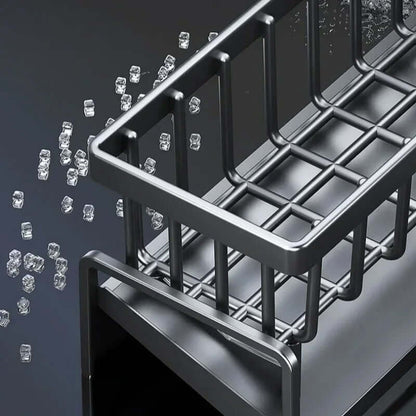 Adjustable sink storage and drainage rack with easy water drainage, designed for kitchen organization.